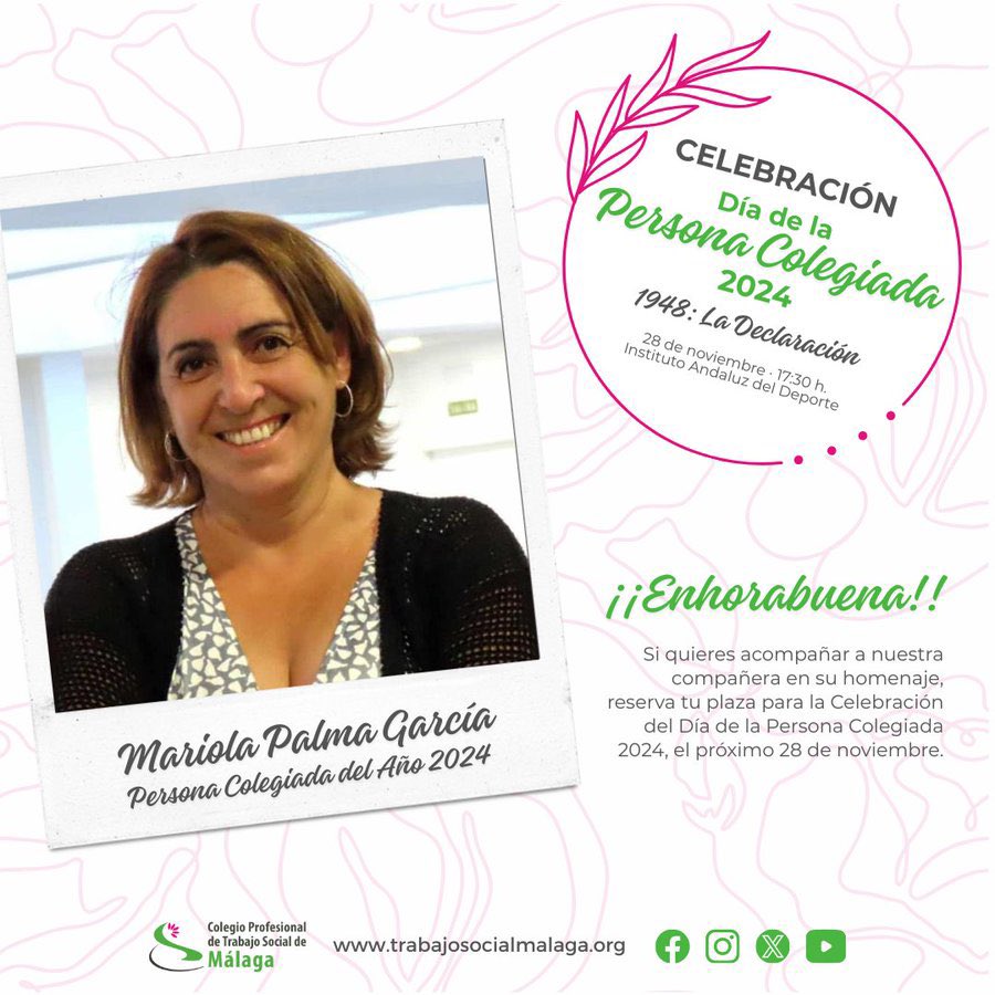 Nuestra vocal, Mariola Palma, profesora titular de la Universidad de Málaga ha sido reconocida como la persona colegiada del año 2024 por el <a href="/COLEGIOTSMALAGA/">Colegio Profesional de Trabajo Social Málaga</a> 

👏🏽👏🏽👏🏽 ¡Felicitamos a Mariola por este reconocimiento a su trayectoria profesional!