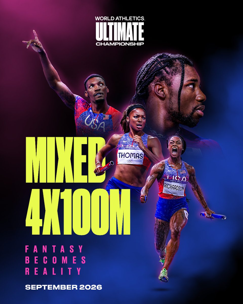 🚨NEW EVENT🚨

The mixed 4x100m relay will make its debut at the World Athletics Ultimate Championship.

Who is your dream 4x100m fantasy team? 🫨

#UltimateAthletics