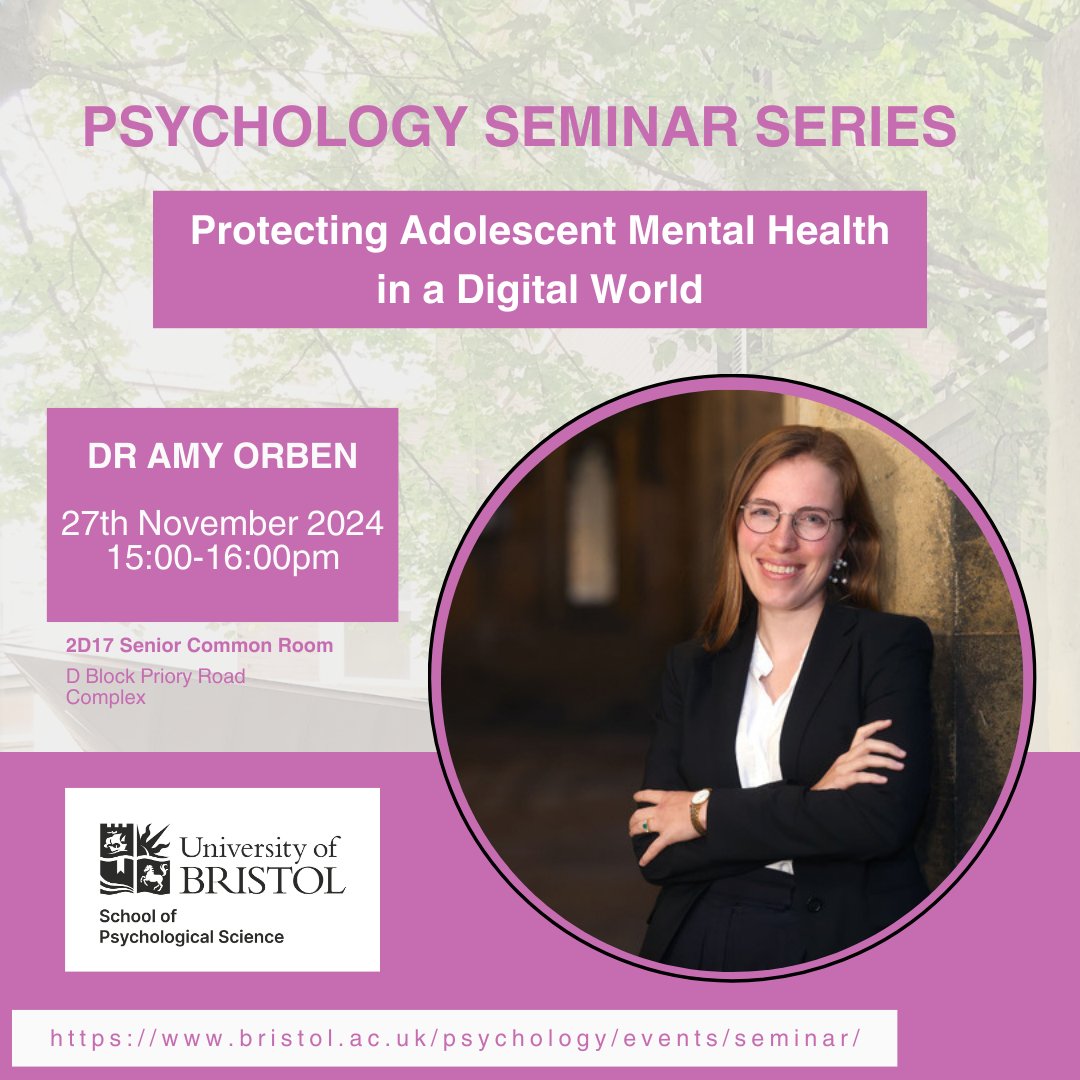 BristolUniPsych (@bristolunipsych) on Twitter photo For our final seminar series of this term, we are excited to host Dr Amy Orben 🎓
Dr Orben will be discussing our rapidly evolving digital world, and the increasing concern about the impact of digital technologies such as social media on the mental health of young people. For our final seminar series of this term, we are excited to host Dr Amy Orben 🎓
Dr Orben will be discussing our rapidly evolving digital world, and the increasing concern about the impact of digital technologies such as social media on the mental health of young people.