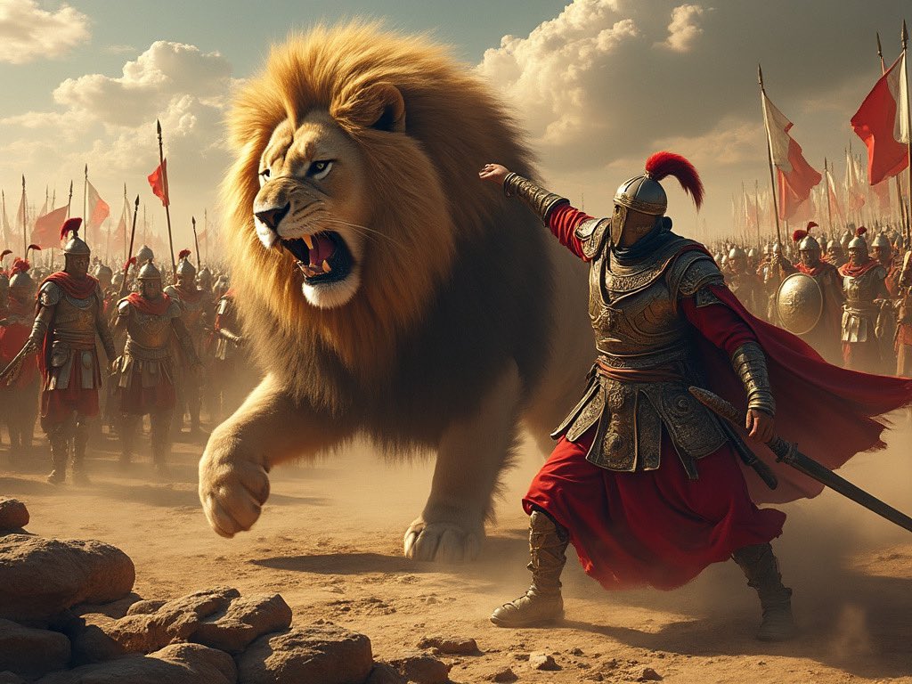 بينما جيش المسلمين و جيش الفرس يستعدان للمعركة
إذ يتفاجأ المسلمين بٲن الفرس قد جلبوا معهم أسدا مدربا على القتال !!!   
و بدون سابق إنذار يركض الٲسد نحو جيش المسلمين وهو يزأر ويكشر عن ٲنيابه !!
فيخرج من جيش المسلمين رجل بقلب ٲسد  !!!