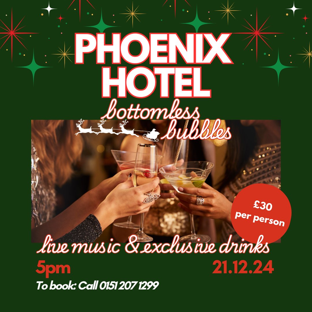 PhoenixHotelliv's tweet image. 🎄✨ Get ready for the ultimate festive treat! ✨🎄
📲 Book now by calling us on 0151 207 1299 – tickets are going fast! Let’s toast to the holiday season in style! 
#PhoenixBrunchVibes #FestiveBottomlessBrunch #ChristmasAtPhoenix #LiverpoolEvents #HolidayCheer #BottomlessBrunch