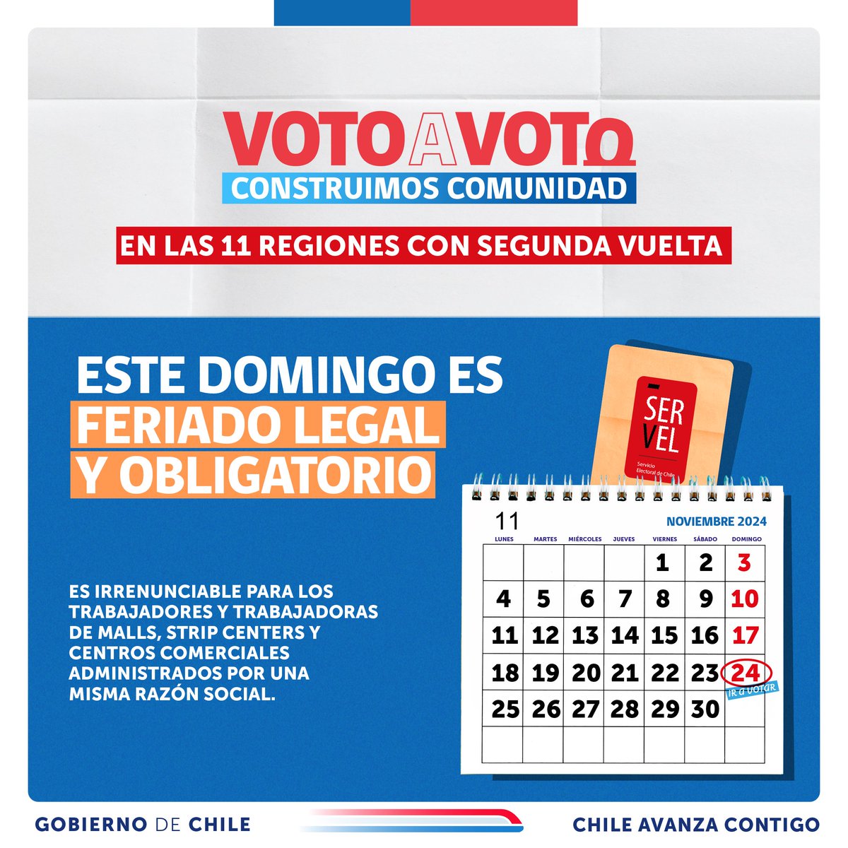 🗳 Este 24 de noviembre ¡#ChileVotaInformado! 

Recuerda que este domingo será feriado electoral, lo que significa que los malls y strip centers que estén administrados bajo una misma razón social estarán cerrados.

Puedes ver más información en chilevotainformado.cl