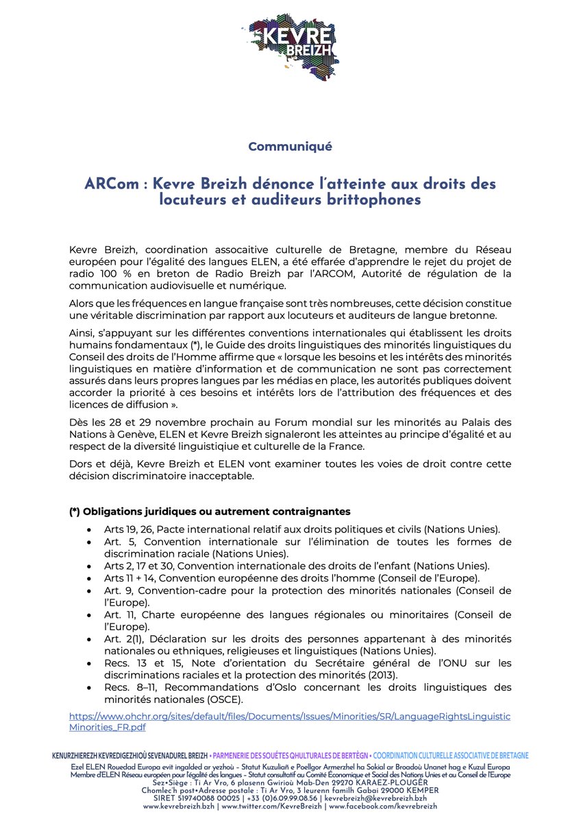 ARKeh (ARCom) : sevel a ra <a href="/KevreBreizh/">Kevre Breizh</a> a-enep an tagadennoù ouzh gwirioù ar gomzerien hag ar selaouerien vrezhonek • ARCom : <a href="/KevreBreizh/">Kevre Breizh</a> dénonce l’atteinte aux droits des locuteurs et auditeurs brittophones <a href="/EUROLANG/">EUROLANG</a> <a href="/RadioBreizh_bhs/">Radio Breizh</a> <a href="/LeTelegramme/">Le Télégramme</a> <a href="/OuestFrance/">Ouest-France</a>