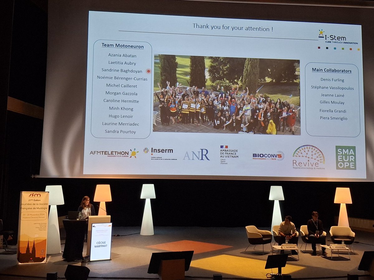 Inst_Myologie's tweet photo. #JSFM2024 Session fondamentale modérée par @LM_Giordani et Coralie Sengenes au Congrès de la @SMyologie. Présentation de @cmartinat pour son équipe: "3D skeletal muscle constructs from human pluripotent stem cells for DM1 modeling".
@Telethon_France @BiotherapiesIns @IStemFrance https://t.co/Y4v0zkfdcM