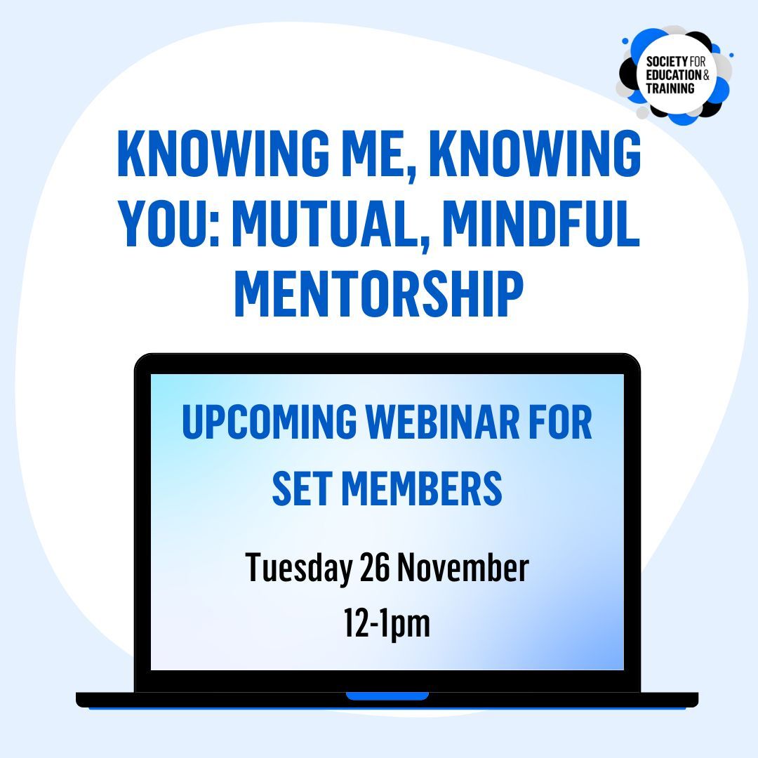Don't miss our upcoming SET member webinar: 'Knowing Me, Knowing You: Mutual, Mindful Mentorship' 💻🤝

Join us as we explore holistic mentoring, collaborative practice, and the ONSIDE model to build dynamic, purposeful mentoring relationships.

👉  buff.ly/3OhXvaL