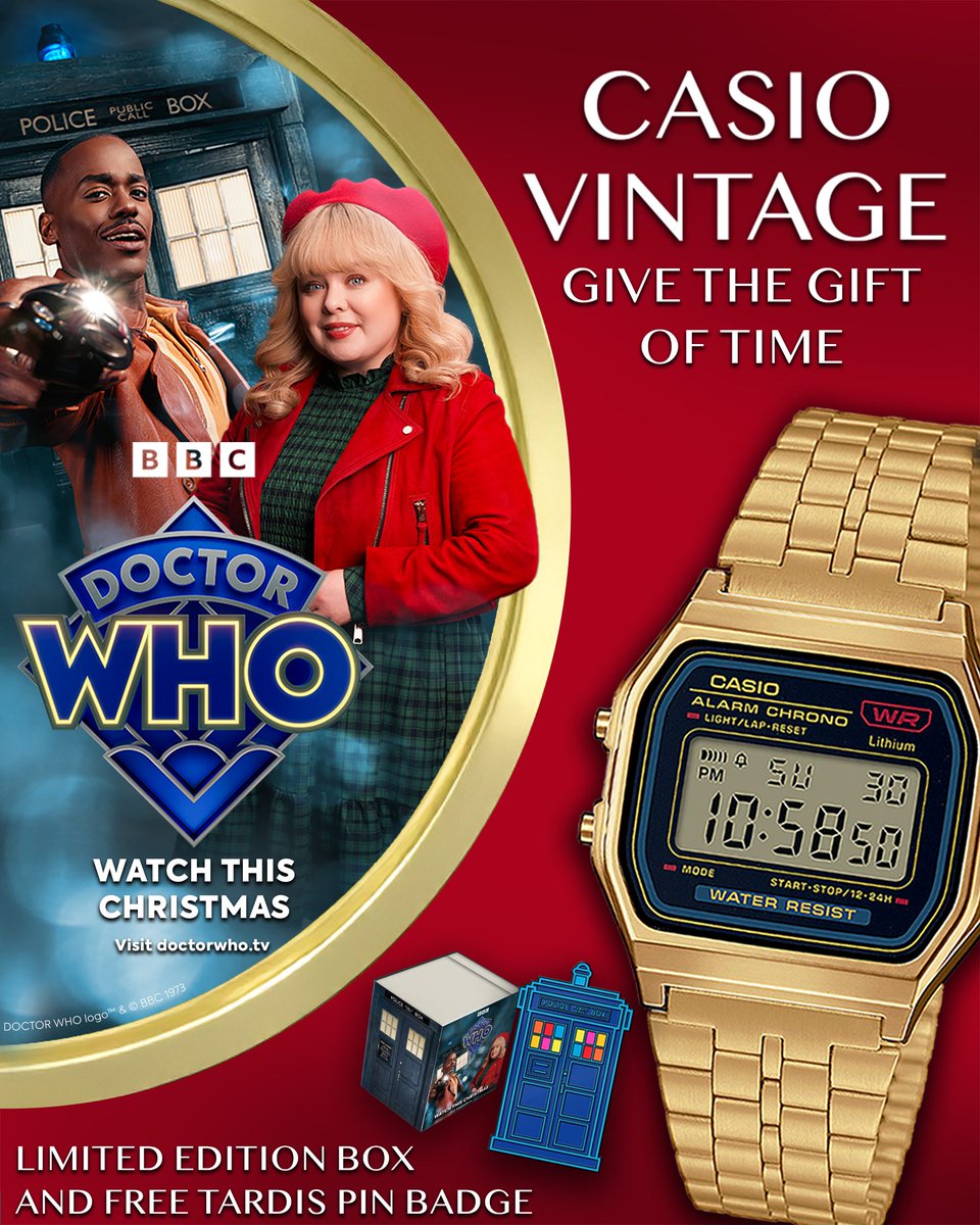 bbcdoctorwho's tweet image. Give the gift of time this Christmas! ⌚️✨

Step into the world of timey-wimey adventures with #DoctorWho and the Casio A159 with a limited-edition Doctor Who Christmas gift box and free TARDIS pin badge. Read more on the Doctor Who website: bbc.in/495JJSf