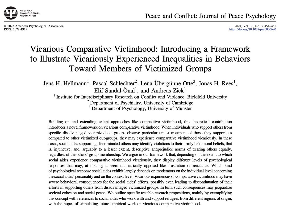 Peace and Conflict: Journal of Peace Psychology (@pac_journal) on Twitter photo <a href="/SSyropoulos/">Stylianos Syropoulos</a> <a href="/law_fiore/">Kyle Fiore Law, PhD</a> <a href="/lauraktaylorPHD/">Laura K Taylor 💙💛</a> 📰 "Vicarious Comparative Victimhood" introduces a framework on how social aides of victimised groups experience inequalities vicariously. Could frustration or reactance affect their efforts & jeopardise #SocialCohesion? 🌍🤝
🔗 doi.org/10.1037/pac000… <a href="/SSyropoulos/">Stylianos Syropoulos</a> <a href="/law_fiore/">Kyle Fiore Law, PhD</a> <a href="/lauraktaylorPHD/">Laura K Taylor 💙💛</a> 📰 "Vicarious Comparative Victimhood" introduces a framework on how social aides of victimised groups experience inequalities vicariously. Could frustration or reactance affect their efforts & jeopardise #SocialCohesion? 🌍🤝
🔗 doi.org/10.1037/pac000…