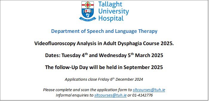 That time of year again! 🚨

We are running our Videofluroscopy Analysis Course in March 2025 🩻

We are now accepting applications - please email sltcourses@tuh.ie for application forms.

Don’t miss out ☺️