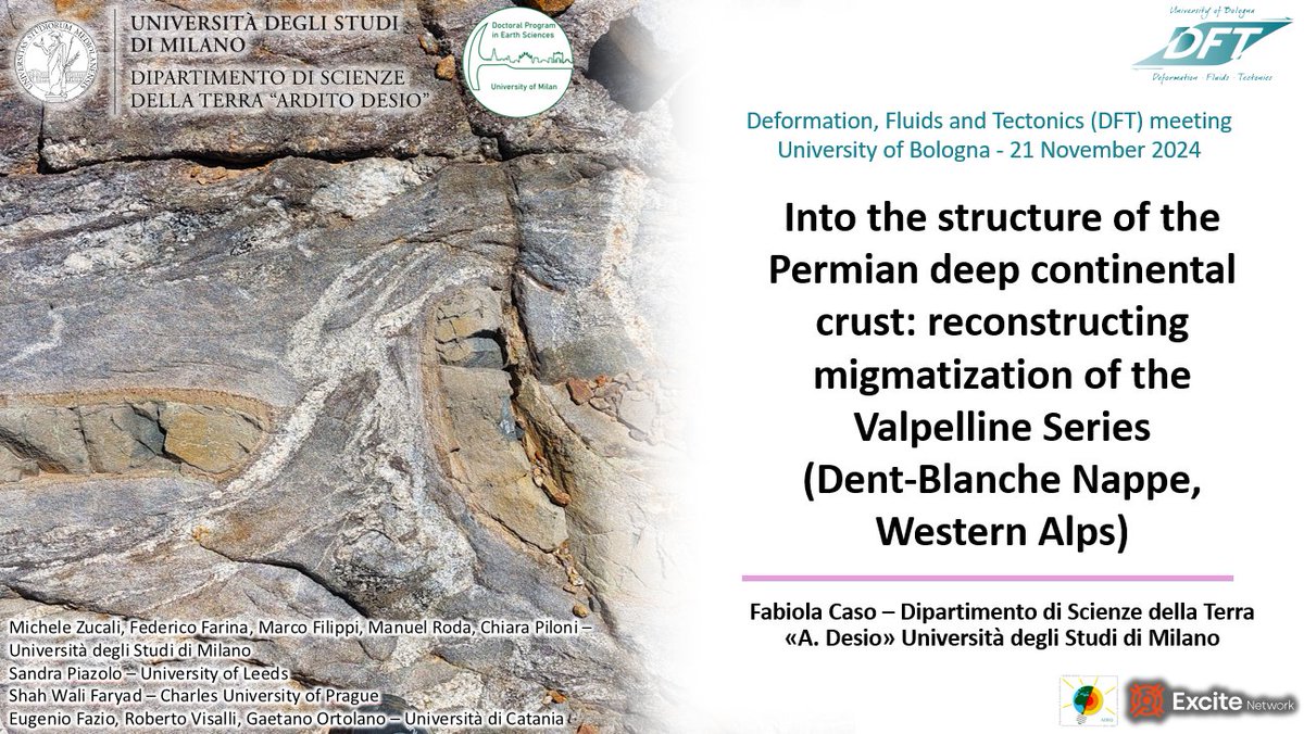 DFT_UniBologna's tweet photo. DFT presentation๐ฅณ
Thanks to @fabiola_caso (University of Milano) for presenting the results of her PhD project, which focuses on the evolution of the Permian deep continental crust of the Valpelline Series (Dent-Blanche Nappe, Western Alps)
#structuralgeology #metamorphism https://t.co/hzuxQmbgdn