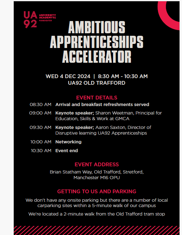 Greater Manchester Information and Data Governance (@gm_infogov) on Twitter photo 📣 Are you ready to take your apprenticeship to the next level?
Join <a href="/SharonWeetman/">Sharon Weetman</a> & Aaron Saxton <a href="/UA92MCR/">University Academy 92 (UA92)</a> to gain insight into the future of skills and apprenticeship opportunities in Greater Manchester.
Find out more and register for the event by emailing events@UA92.ac.uk 📣 Are you ready to take your apprenticeship to the next level?
Join <a href="/SharonWeetman/">Sharon Weetman</a> & Aaron Saxton <a href="/UA92MCR/">University Academy 92 (UA92)</a> to gain insight into the future of skills and apprenticeship opportunities in Greater Manchester.
Find out more and register for the event by emailing events@UA92.ac.uk