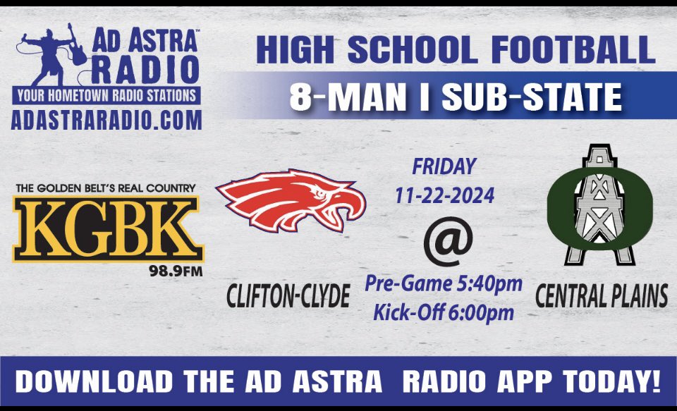 coachsteinbrock's tweet photo. GAMEDAY!!

🚨8-Man Div. I SUB-STATE🚨
CHAMPIONSHIP

CLIFTON-CLYDE (9-2)
🆚
CENTRAL PLAINS (9-2)

🏈Kickoff at 6:00 PM

📍Central Plains HS, Claflin

📻KR92 @HeadbandJesy 

📻KGBK 98.9 @dusty40 

📺NFHS 
https://t.co/yo7Ctz2Ewp

#EagleNation #SAW #Family 🦅🏈 https://t.co/HfOg5cUpkx