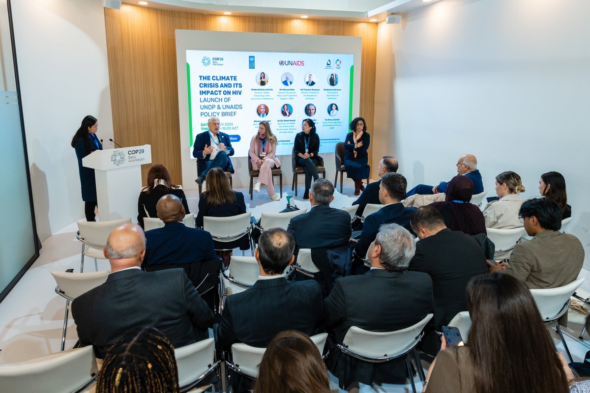 <a href="/Vladanka_A/">Vladanka Andreeva</a> <a href="/UNinAzerbaijan/">UN in Azerbaijan</a> <a href="/UNAIDS_EECA/">UNAIDS_EECA_RST</a> <a href="/UNAIDS_CA/">UNAIDS_Kazakhstan</a> <a href="/UNDP/">UN Development</a> <a href="/UNDPHIVHealth/">UNDP HIV and Health</a> <a href="/MbulawaMugabe/">Mbulawa Mugabe</a> <a href="/healthgovaz/">AR Sehiyye Nazirliyi</a> <a href="/UNEP/">UN Environment Programme</a> <a href="/UNEP_Europe/">UN Environment Programme (UNEP) Europe 🌱</a> <a href="/NizamiGanjaviIC/">Nizami Ganjavi International Center - NGIC</a> Climate change is a game changer, for economic development, political stability, and putting groups such as those living with AIDS under immense pressure.
- <a href="/BorisTadic58/">Boris Tadić</a> former President of 🇷🇸, #COP29 launch of <a href="/UNAIDS/">UNAIDS Global</a>/<a href="/UNDP/">UN Development</a> Policy Brief 'The Climate Crisis &amp; its impact on HIV'