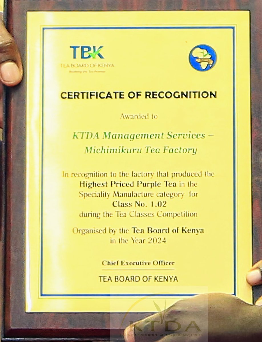 KTDAHoldingsLtd's tweet photo. Michimikuru's Purple Tea, a rare gem from Nyambene Hills in Meru County, won the prestigious Centenary Award 🏆💜
Don't miss out on the purple revolution! Experience the unique flavor and vibrant color of this exceptional brew.
#PurpleTea #Michimikuru
#GlobalLeaderInQualityTeas https://t.co/tmzUdyKXpd