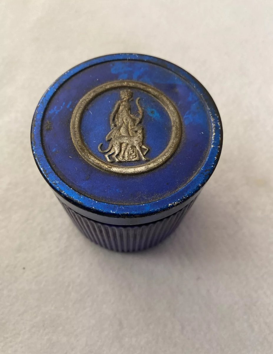 ecyclemania's tweet photo. Vintage Avon Moonwind Cream Sachet Cobalt Blue Ribbed Art Nouveau Jar, Empty https://t.co/rP93CebnhM