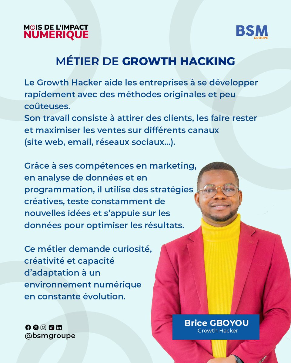 bsmgroupe's tweet image. Brice Gboyou nous parle du métier de Growth Hacking.
Il est maître dans ce domaine.
Apprenez davantage grâce à lui.
#growthhacking
#growthhacker