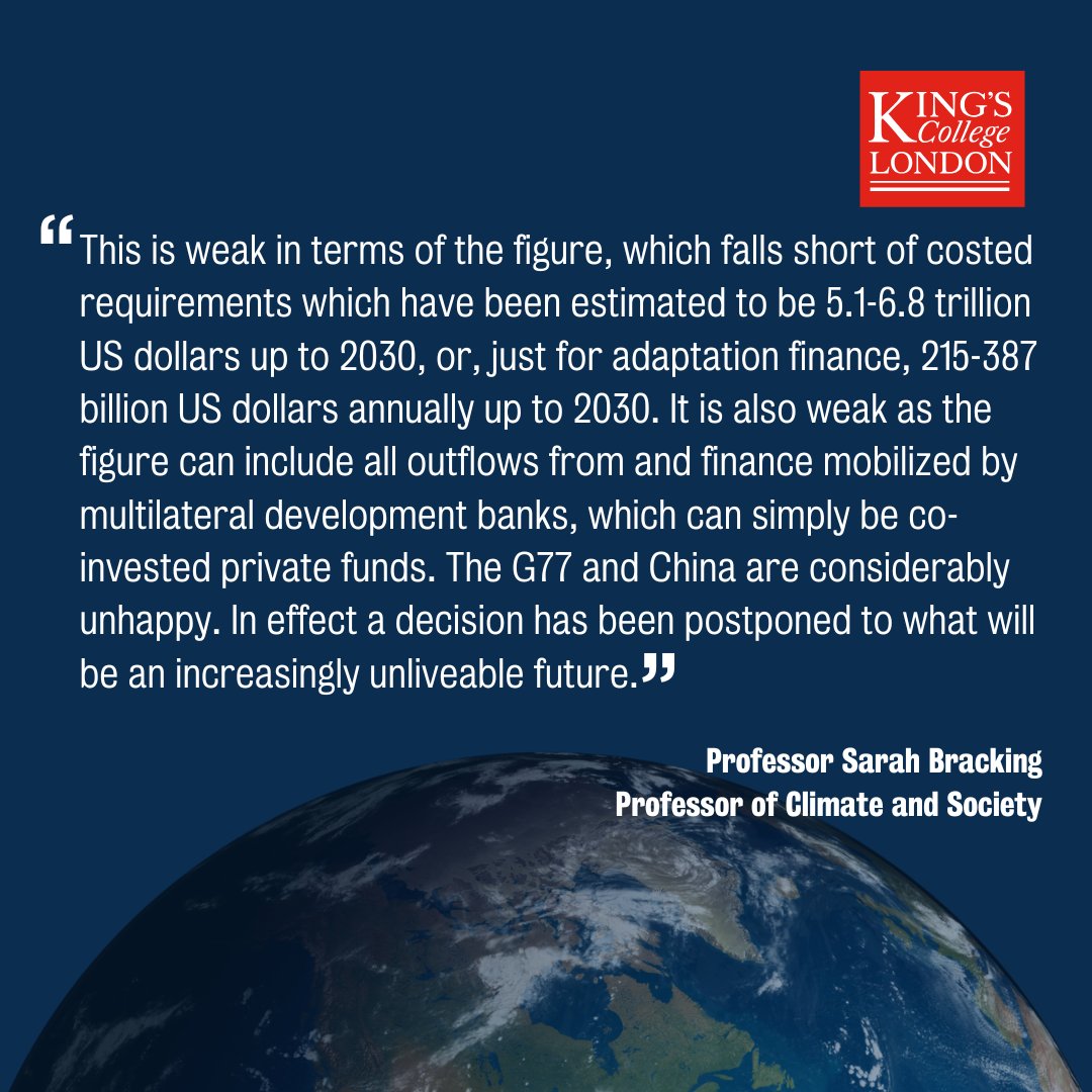 King's College London (@kingscollegelon) on Twitter photo <a href="/SarahBracking/">Prof. Sarah Bracking</a> <a href="/kclgeography/">King's Geography</a> <a href="/KCLSustainable/">King’s Climate & Sustainability</a> <a href="/Kings_SGA/">King's Global Affairs</a> "Weak" and a decision is in effect being "postponed" - Professor <a href="/SarahBracking/">Prof. Sarah Bracking</a> <a href="/kclgeography/">King's Geography</a> responds to the probable figure that has now emerged for the NCQG at #COP29 of $250 billion (USD) per year by 2035 for climate action in developing country Parties. ⬇️ <a href="/SarahBracking/">Prof. Sarah Bracking</a> <a href="/kclgeography/">King's Geography</a> <a href="/KCLSustainable/">King’s Climate & Sustainability</a> <a href="/Kings_SGA/">King's Global Affairs</a> "Weak" and a decision is in effect being "postponed" - Professor <a href="/SarahBracking/">Prof. Sarah Bracking</a> <a href="/kclgeography/">King's Geography</a> responds to the probable figure that has now emerged for the NCQG at #COP29 of $250 billion (USD) per year by 2035 for climate action in developing country Parties. ⬇️