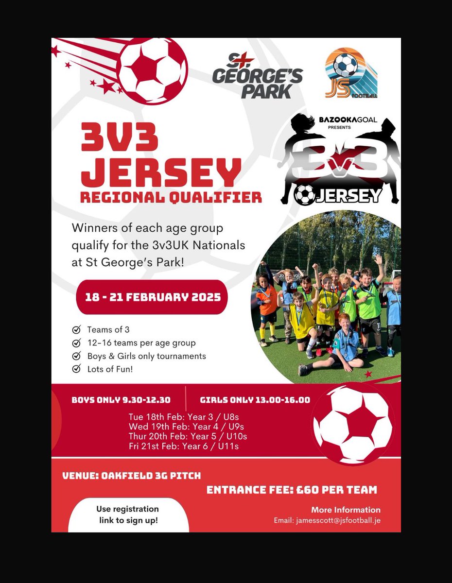 @jsfootball.je (@jsfootballje) on Twitter photo โฝ๏ธ JS Football is delighted to share that we are hosting a 3v3 Regional Qualifier in Jersey during the February half term.
The winners will qualify for the <a href="/3v3Uk/">3v3UK</a> Nationals at St Georgeโs Park in August 2025 ๐ด๓ ง๓ ข๓ ฅ๓ ฎ๓ ง๓ ฟ
Click link to register a team asap:
forms.gle/BCvTuAPmFnv8SGโฆ
๐๐๐ผโฝ๏ธ โฝ๏ธ JS Football is delighted to share that we are hosting a 3v3 Regional Qualifier in Jersey during the February half term.
The winners will qualify for the <a href="/3v3Uk/">3v3UK</a> Nationals at St Georgeโs Park in August 2025 ๐ด๓ ง๓ ข๓ ฅ๓ ฎ๓ ง๓ ฟ
Click link to register a team asap:
forms.gle/BCvTuAPmFnv8SGโฆ
๐๐๐ผโฝ๏ธ