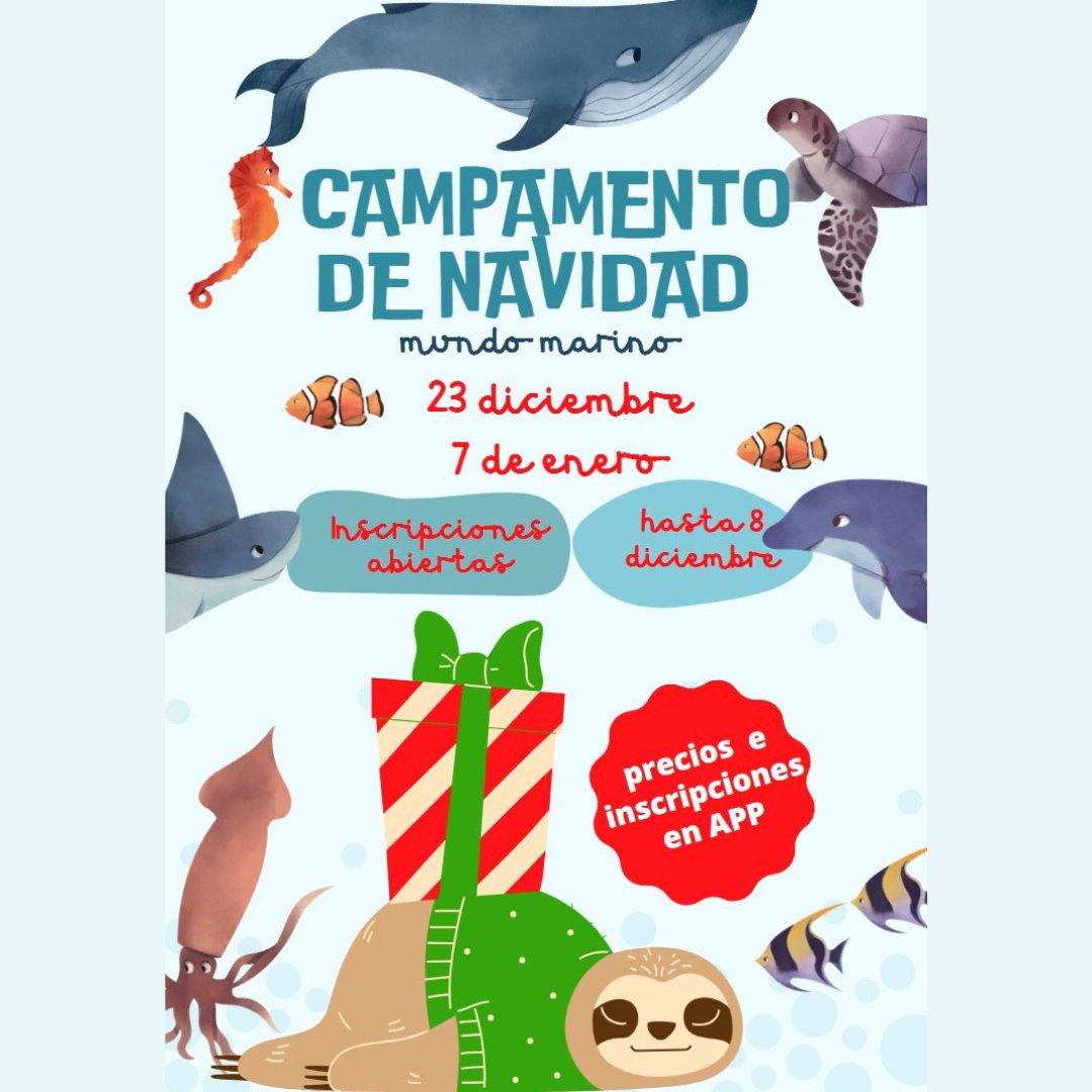 Hola Familias!!

Como todos los años y periodos no lectivos ofertamos el Campamento de Navidad para nuestros peques del colegio.
Esta vez la temática elegida es "Mundo Marino" y la empresa responsable es Dynamic.
Más información en la APP.🐠