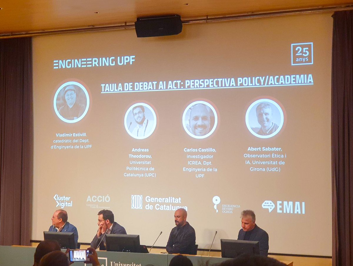 🗓️ Today, as part of the #25yearsEnginyeriaUPF celebration, one of our ELLIS Unit Fellows, Prof. Carlos Castillo (<a href="/ChaToX/">@𝘾𝙝𝙖𝙏𝙤@tech.lgbt in Mastodon</a>), has been discussing the #AIAct from a policy and academic perspective in a debate with <a href="/albert_sabater/">Albert Sabater Coll</a> (<a href="/OEIAC_UdG/">OEIAC 💭</a>).