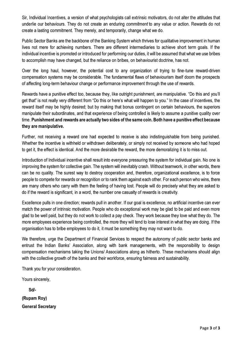 AIBOC writes to the Secretary, Department of Financial Services, on the Proposed PLI to Senior Executives and Board Members of PSBs.