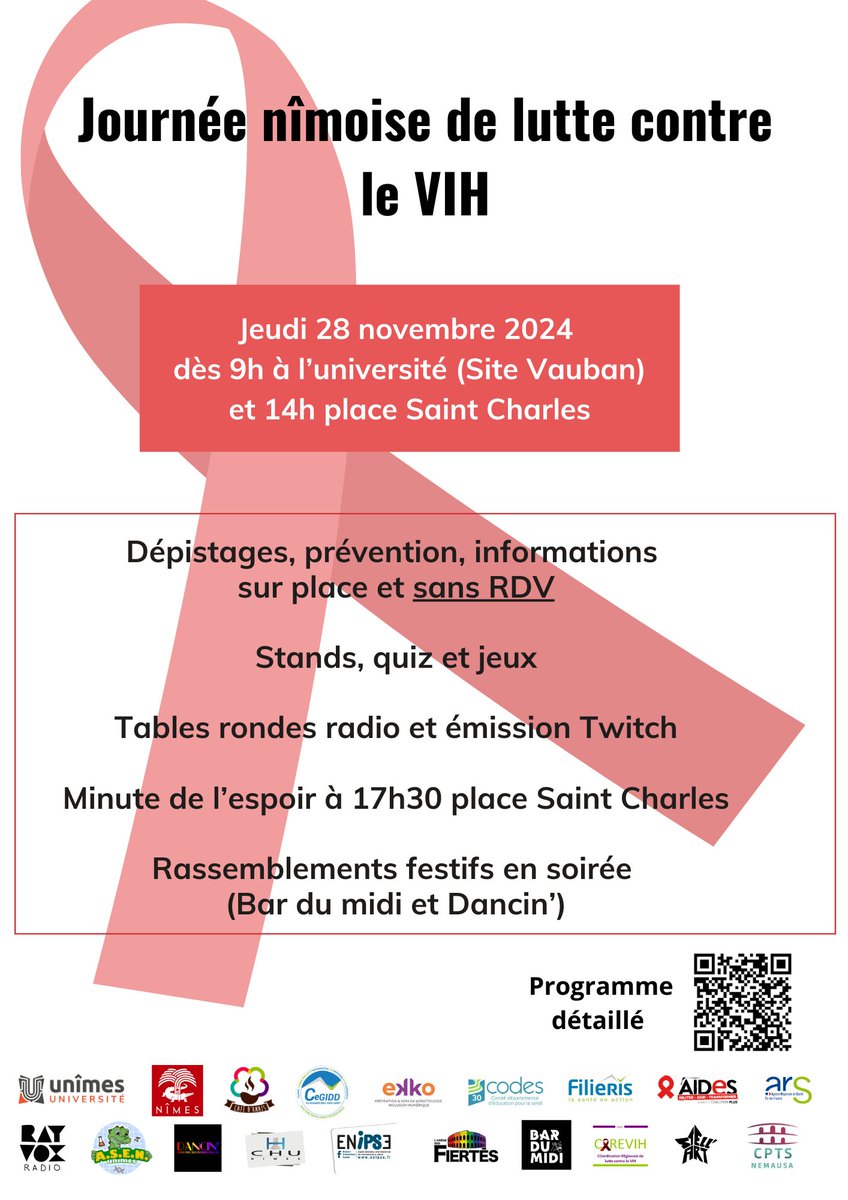 🔴Le 1er décembre marque la #journéemondialeduSIDA.

A cette occasion <a href="/unimesfr/">Nîmes Université</a> rejoint un collectif de professionnels de #santé et d'associations pour la Journée de lutte contre le #VIH le jeudi 28 novembre !

Ouvert à toutes et à tous !

👉Programme : unimes.fr/fr/index/actua…