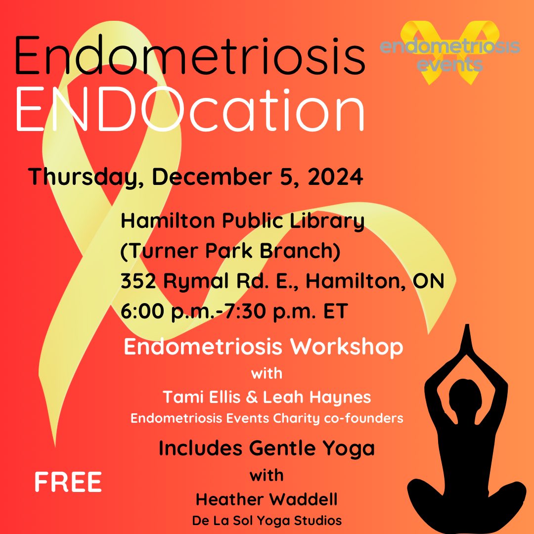 Endometriosis Events Charity (@endoevents) on Twitter photo FREE <a href="/HamiltonLibrary/">Hamilton PL</a> #endometriosis workshop December 5 @ 6:00 pm-7:30 pm ET - Turner Park branch #Hamilton 🎗️
✏️Discussion w/ Q&A
✏️Shared lived experiences
✏️Self-Advocacy
✏️Physical + mental well-being
✏️Wellness activity (gentle #yoga) 🧘🏾♀️
REGISTER: bit.ly/48q4ZSp FREE <a href="/HamiltonLibrary/">Hamilton PL</a> #endometriosis workshop December 5 @ 6:00 pm-7:30 pm ET - Turner Park branch #Hamilton 🎗️
✏️Discussion w/ Q&A
✏️Shared lived experiences
✏️Self-Advocacy
✏️Physical + mental well-being
✏️Wellness activity (gentle #yoga) 🧘🏾♀️
REGISTER: bit.ly/48q4ZSp