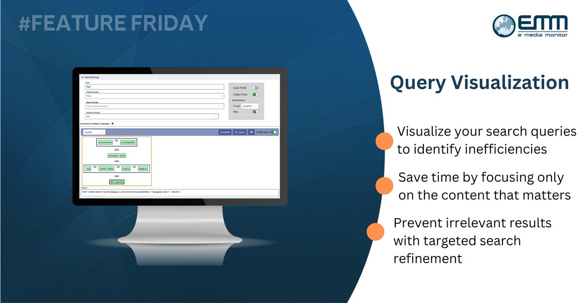 EmediaMonitor's tweet image. To wrap up the week, we’re highlighting our innovative Query Visualization tool. Designed to enhance your #BooleanSearch experience, this feature helps you refine queries for precise, relevant results. #FeatureFriday #MediaMonitoring