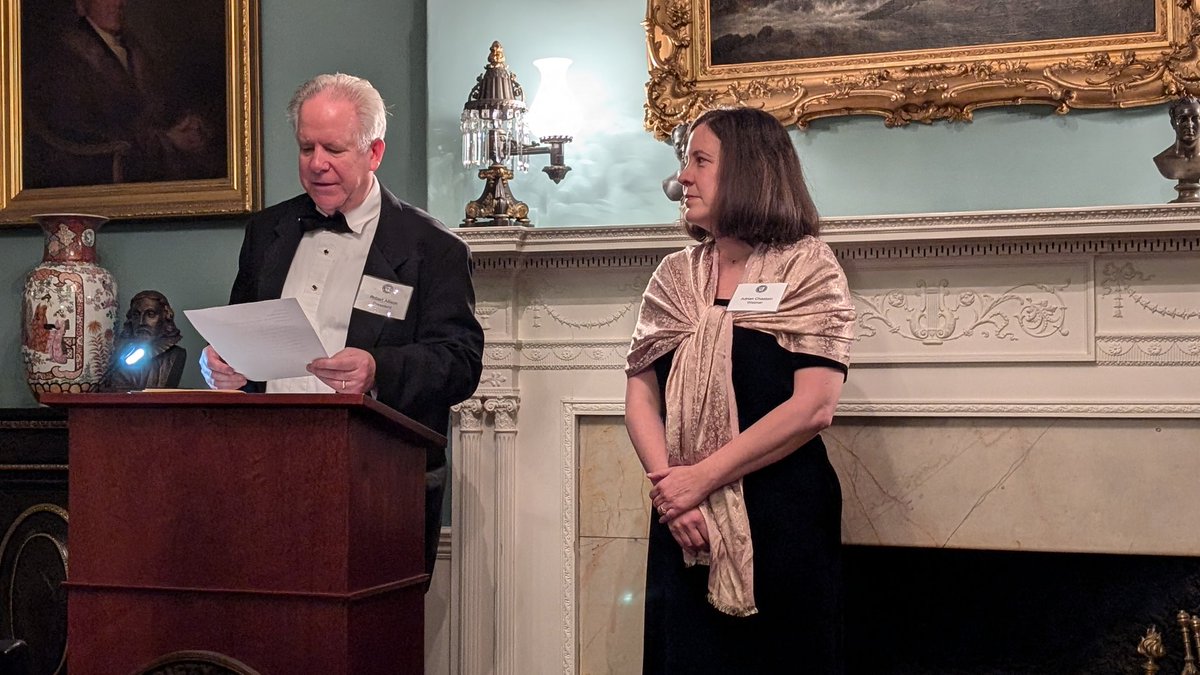 Last evening Professor Robert Allison <a href="/profallison/">Robert Allison</a> presenting the John Winthrop award at the #ColonialSociety Annual Meeting at 87 Mount Vernon Street, #Boston to Adrian Chastain Weimer <a href="/acweimer/">Adrian C. Weimer</a> An honor she truly deserves for outstanding historical scholarship.
