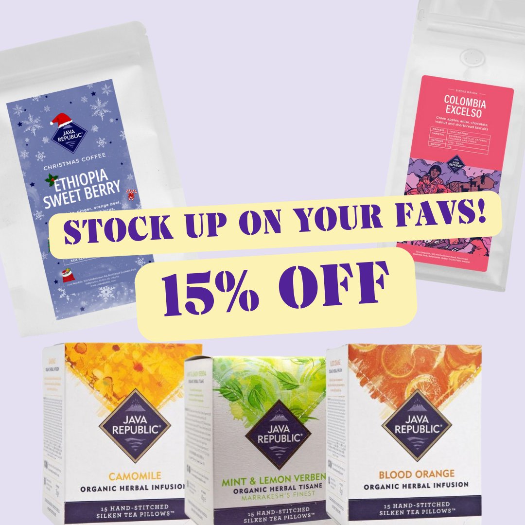 JavaRepublic's tweet image. Wake up & smell the Aavings! We're back with our annual #BlackFriday sale and we're giving 15% OFF on all Teas & Coffees + a FREE gift on all orders over €65! Use Code: 15OFF at checkout to save on all your favourites💜
