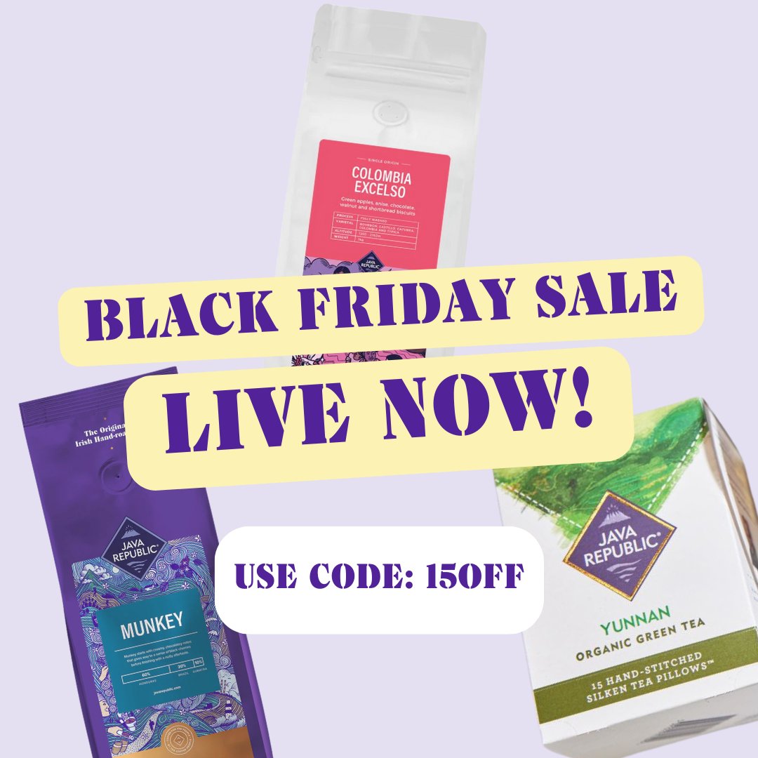 JavaRepublic's tweet image. Wake up & smell the Aavings! We're back with our annual #BlackFriday sale and we're giving 15% OFF on all Teas & Coffees + a FREE gift on all orders over €65! Use Code: 15OFF at checkout to save on all your favourites💜
