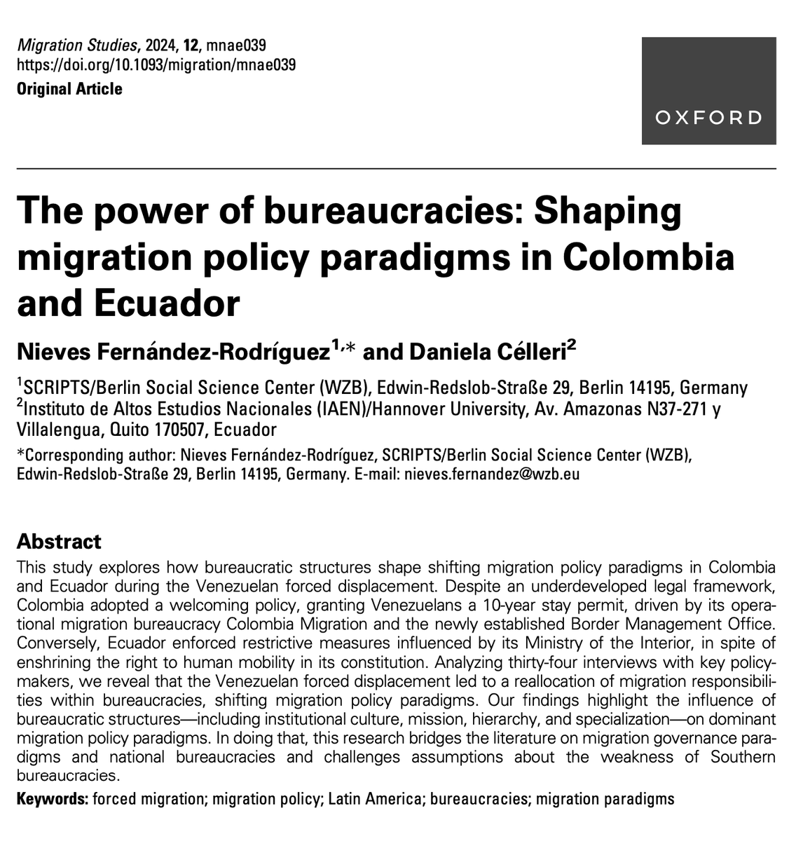 Migration Studies (@migrationjrnl) on Twitter photo How do differing bureaucratic structures influence migration policy paradigms in #Colombia and #Ecuador during the Venezuelan forced displacement? <a href="/NievesFerRod/">Nieves Fernandez Rodriguez</a> and <a href="/daniela_celleri/">Daniela Celleri</a> answer this question in our latest issue.
#OpenAccess
doi.org/10.1093/migrat… How do differing bureaucratic structures influence migration policy paradigms in #Colombia and #Ecuador during the Venezuelan forced displacement? <a href="/NievesFerRod/">Nieves Fernandez Rodriguez</a> and <a href="/daniela_celleri/">Daniela Celleri</a> answer this question in our latest issue.
#OpenAccess
doi.org/10.1093/migrat…