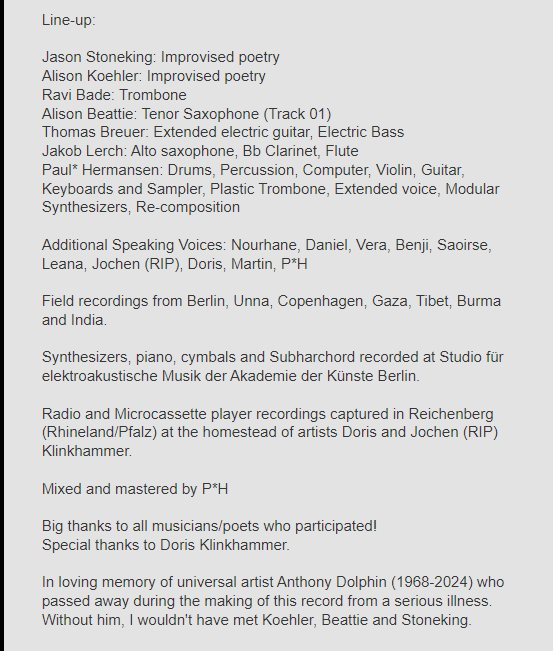 I'm excited to have some of my improvised poetry appear on the new experimental album by Paul* Hermansen. ✨Check it out on bandcamp at:
paulhermansen.bandcamp.com/album/grenzpro…