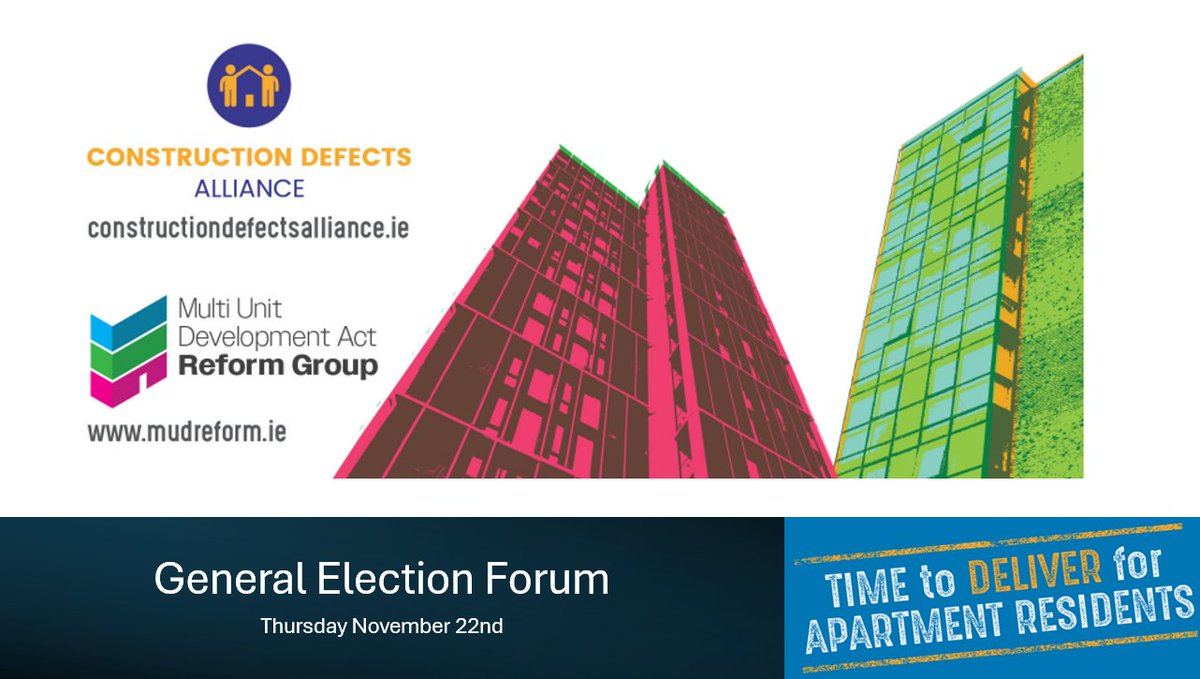 Apartment Owners' Network - Líonra Úinéirí Árasáin (@apartmentowners) on Twitter photo Thanks to the political representatives who attended the <a href="/MudReform/">info@mudreform.ie</a> & <a href="/AllianceDefects/">Construction Defects Alliance</a> hustings last night.
As discussed, in the coming days we hope to produce some analysis of all party manifestos on the topics of legislative reform and construction defects. Thanks to the political representatives who attended the <a href="/MudReform/">info@mudreform.ie</a> & <a href="/AllianceDefects/">Construction Defects Alliance</a> hustings last night.
As discussed, in the coming days we hope to produce some analysis of all party manifestos on the topics of legislative reform and construction defects.
