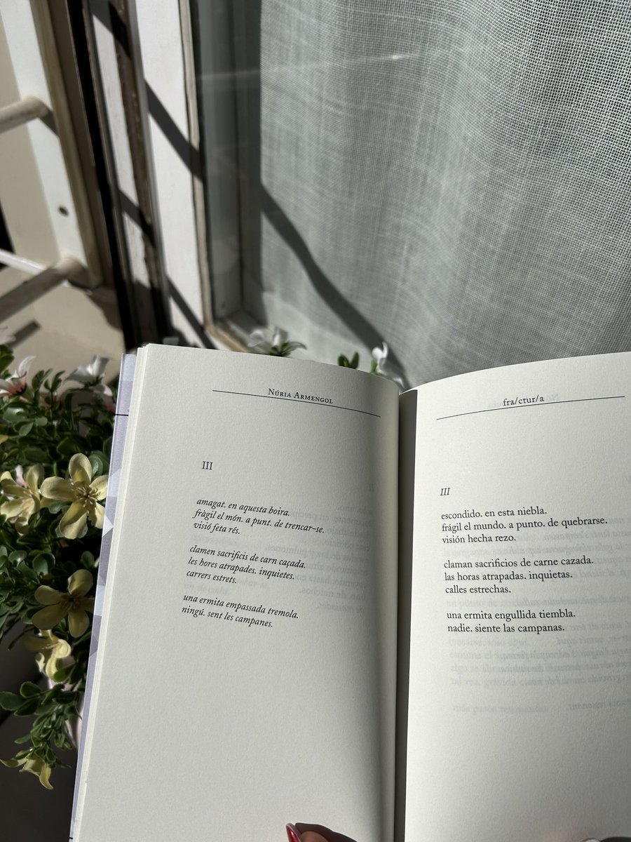 "o la rabia desplegada. pulula.
por el aire. cae a chorros. sobre el asfalto
tal vez. parece plata tanta agua."

- fra/ ctur/ a. Núria Armengol.

✨📚Ja disponible l'edició bilingüe. Traducció i epileg de #CaterinaRiba i #MaxHidalgoNácher