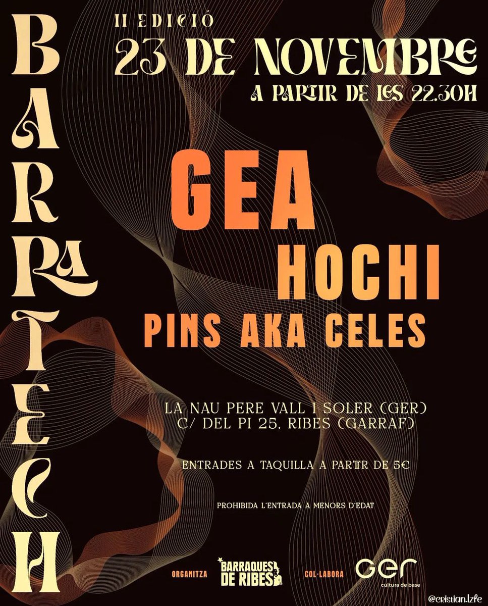 entitatger's tweet photo. AQUEST DISSABTE T’ESPEREM A LA II EDICIÓ DEL BARRATECH 
 23 de nov 22:30h
 C/ Pi, 25 (Nau Pere Vall i Soler, Entitat GER)
 
 Organitza Barraques de Ribes amb la col•laboració de l’entitat GER. https://t.co/5FznNjqif3