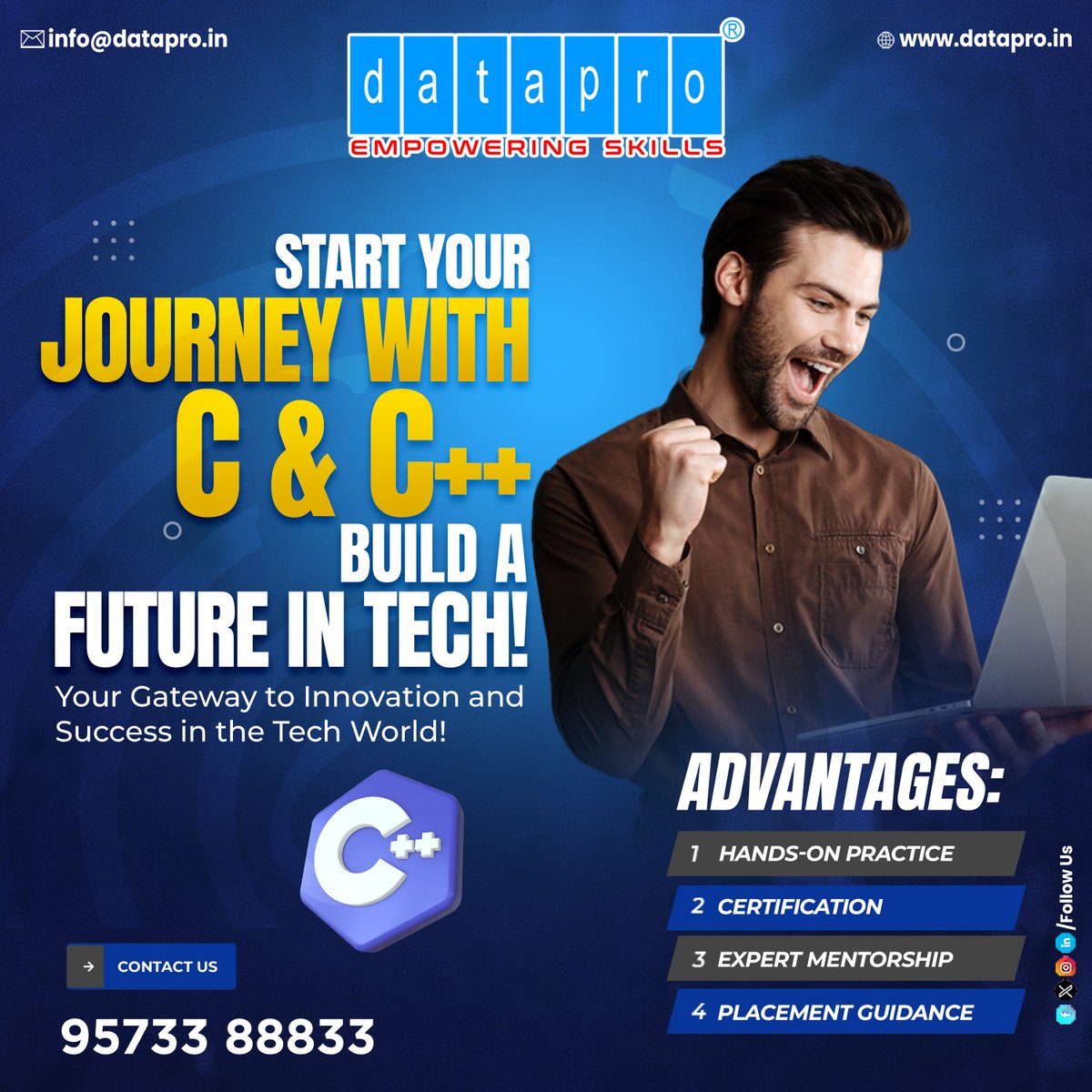dataproofficial's tweet image. Take the first step towards a rewarding career in technology. Learn the fundamentals and advanced concepts with hands-on practice, guided by expert mentors. Join us at Datapro Computers and build a future in tech!
#techtraining #programmingcourses #candcplusplus #techskills