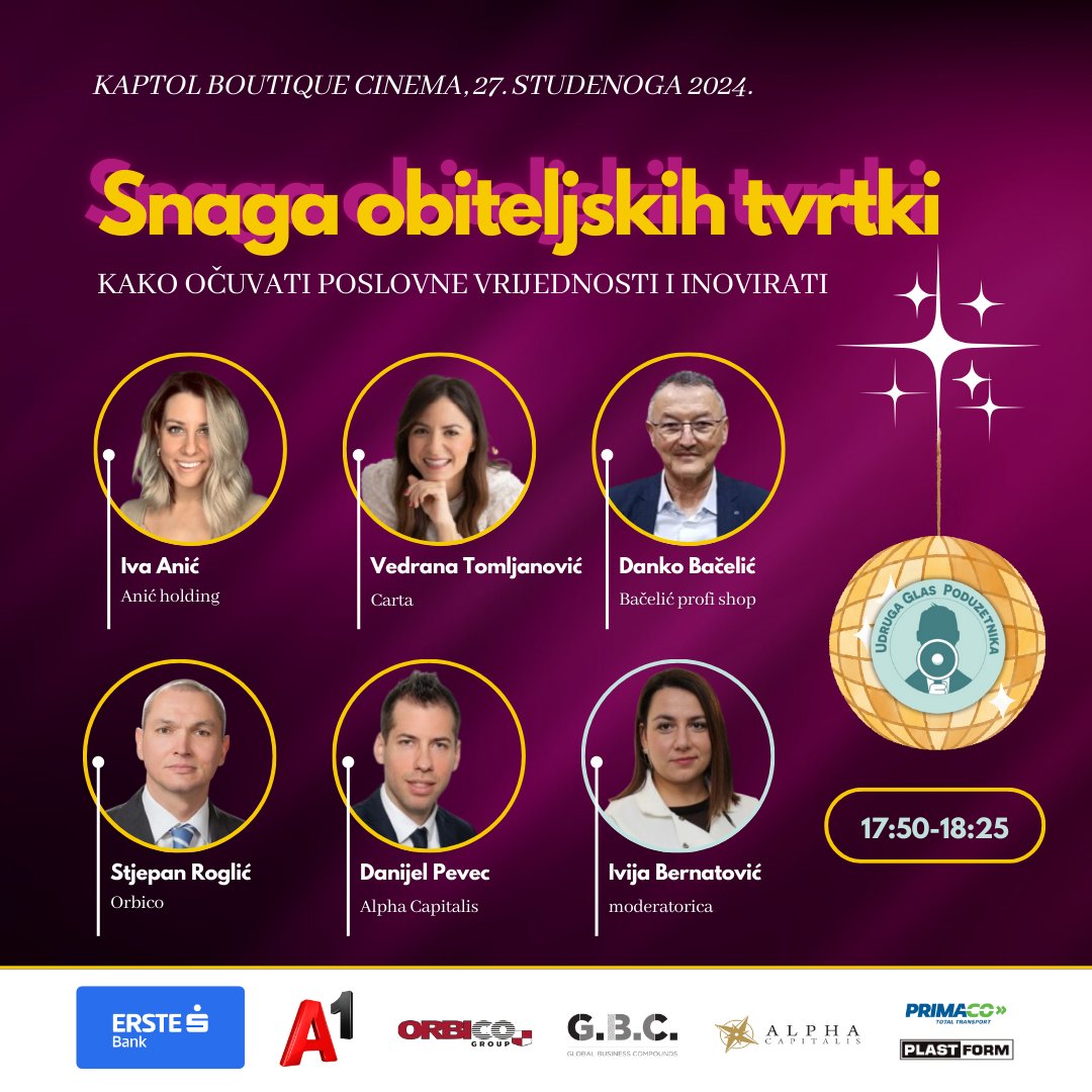 🤝👨‍👩‍👦 Kako obiteljske tvrtke mogu uspješno uskladiti očuvanje tradicije s potrebom za inovacijama i prilagodbom dinamičnim tržišnim uvjetima? 
Budite s nama u srijedu, 27.11. od 17h u Kaptol Boutique Cinema 🎬 bit.ly/3BGX32W