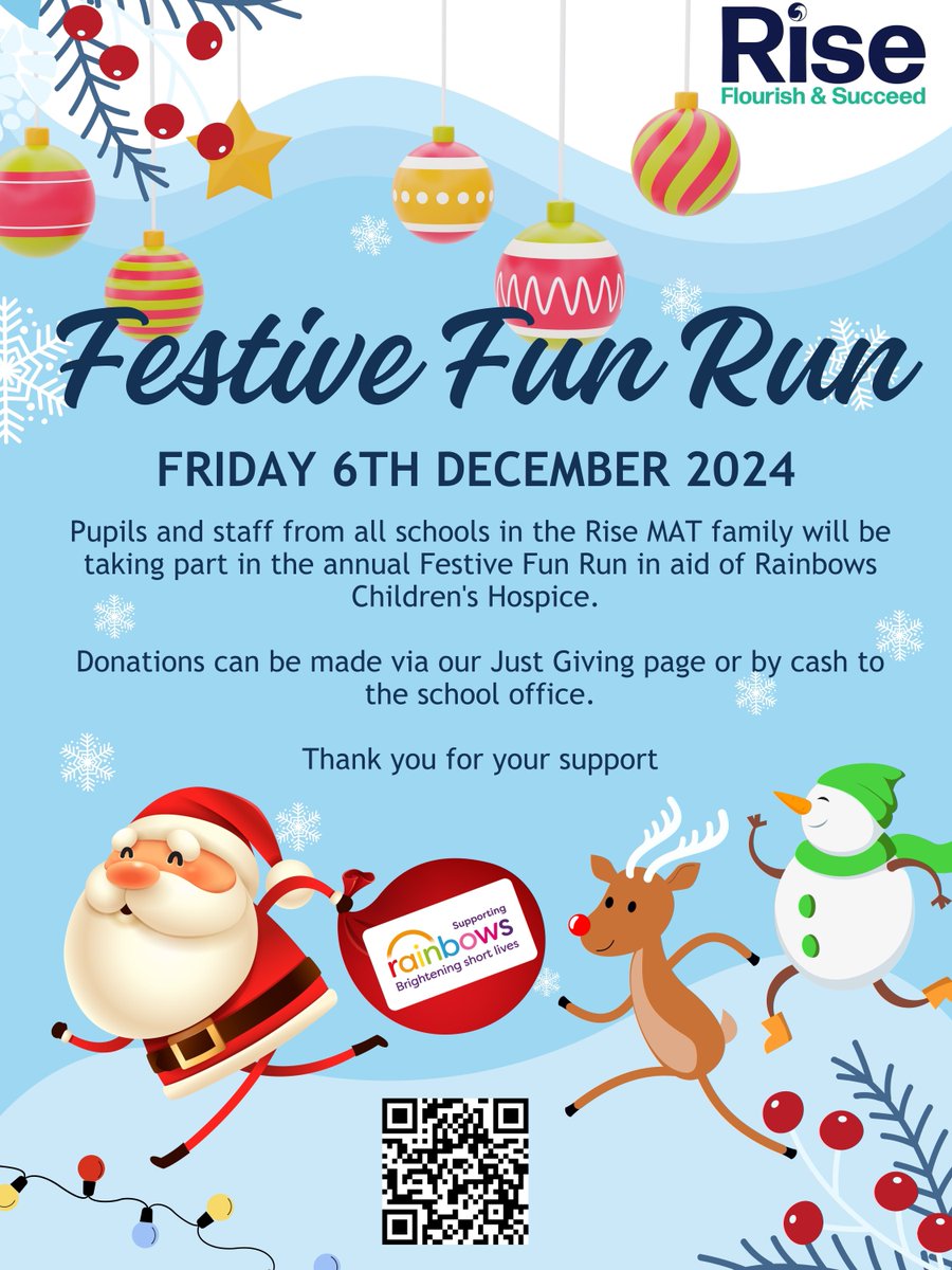 Rise_MAT's tweet photo. 2 weeks to go!🎅 
Pupils and staff from all schools in the Rise MAT family will be taking part in the annual Festive Fun Run in aid of Rainbows Children's Hospice. @RainbowsHospice 
Any donations are welcome!🎄 
https://t.co/jsh5KGW7R7 https://t.co/ARMr9dk3uB