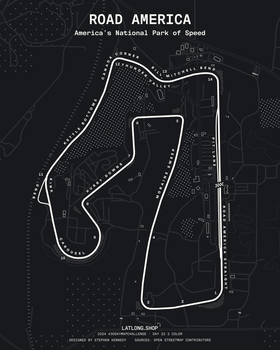 Stephen Kennedy (@oh_sk) on Twitter photo #30DayMapChallenge | Day 22 2 Colors | Road America
When I first moved to WI, I noticed B&W license plates that had a strange, amorphous shape on them—turns out that it represented track at <a href="/roadamerica/">Road America</a>, America's Nat'l Park of Speed! Here's a B&W map stylization of the course🏁 #30DayMapChallenge | Day 22 2 Colors | Road America
When I first moved to WI, I noticed B&W license plates that had a strange, amorphous shape on them—turns out that it represented track at <a href="/roadamerica/">Road America</a>, America's Nat'l Park of Speed! Here's a B&W map stylization of the course🏁