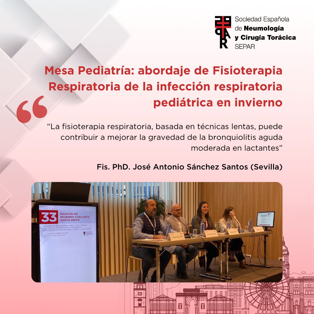 ➡️ En la #33ReuniónInvierno de #SEPAR, <a href="/FISIOSEPAR/">Fisioterapia SEPAR</a> ha llevado a cabo una Mesa de Pediatría sobre fisioterapia respiratoria en infecciones respiratorias pediátricas.