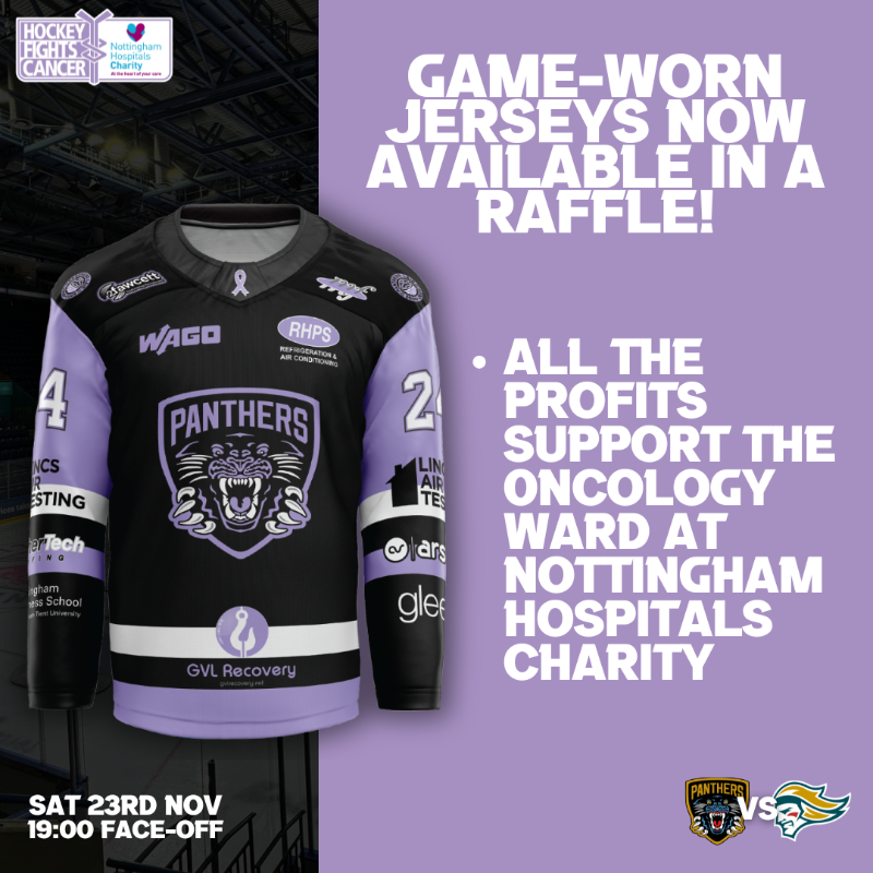 PanthersIHC's tweet photo. Our game-worn #HockeyFightsCancer jerseys are now available in a raffle! 💜  There's 33 chances to win + all profits support @NUH_Oncology &amp; @NUHCharity! Enter now⤵️ 

Raffle ends tonight at 22:00