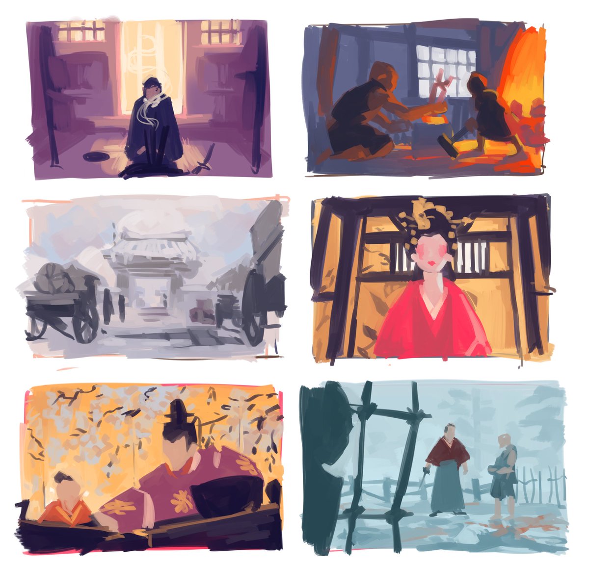 skeletonravens's tweet photo. some v quick colour/comp studies from blue eye samurai https://t.co/UjGBf2zdg1