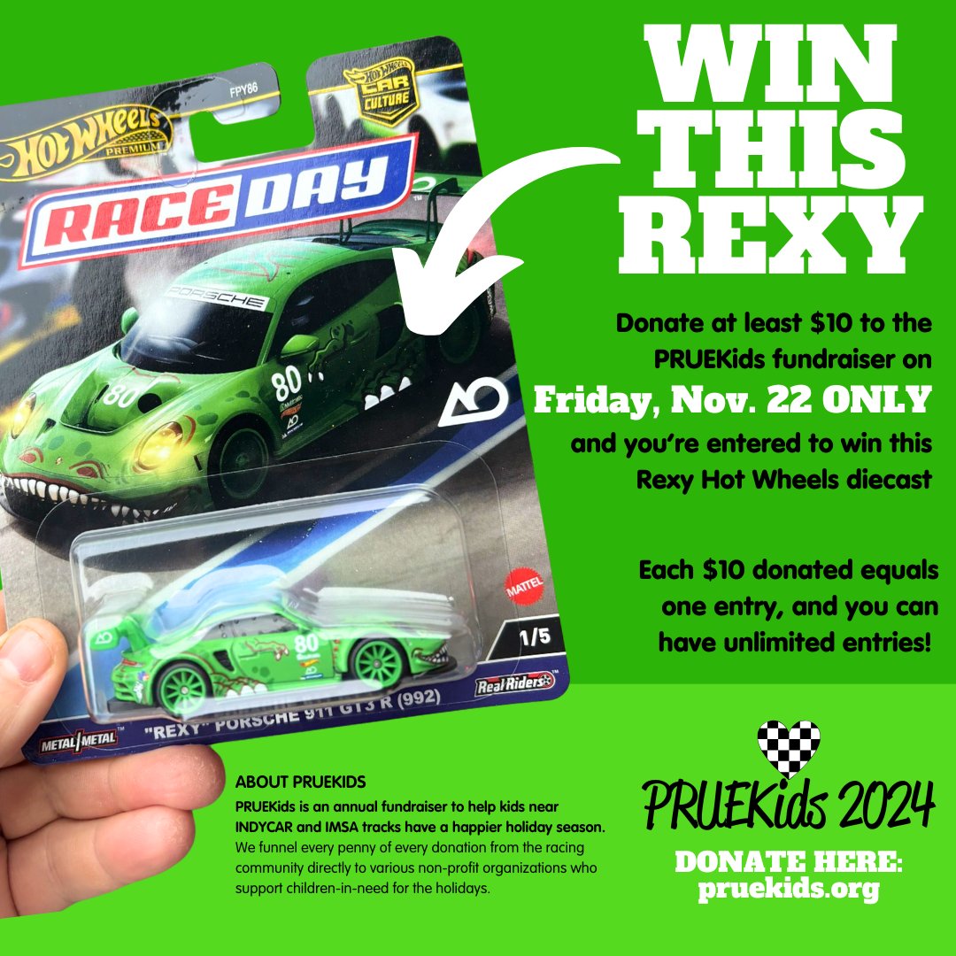 mama_gforce's tweet photo. Want to win a coveted Rexy Hot Wheels AND help some kids-in-need?

Today only (11/22) each $10 donation made to #PRUEKids gets you one entry to win this Rexy Hot Wheels! $10=1 entry, $100=10 entries, etc. Donate here before 11:59pm ET: https://t.co/kJnLpq7tgb https://t.co/La2sXb3IXl
