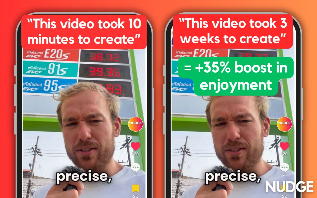 p_agnew's tweet photo. My little test replicated dozens of scientific findings. 

I found the more effort you put into something, the more people value it. 

Saying, "This video takes weeks to prepare", made fans rate it 35% higher. https://t.co/a8wgSrTtkP