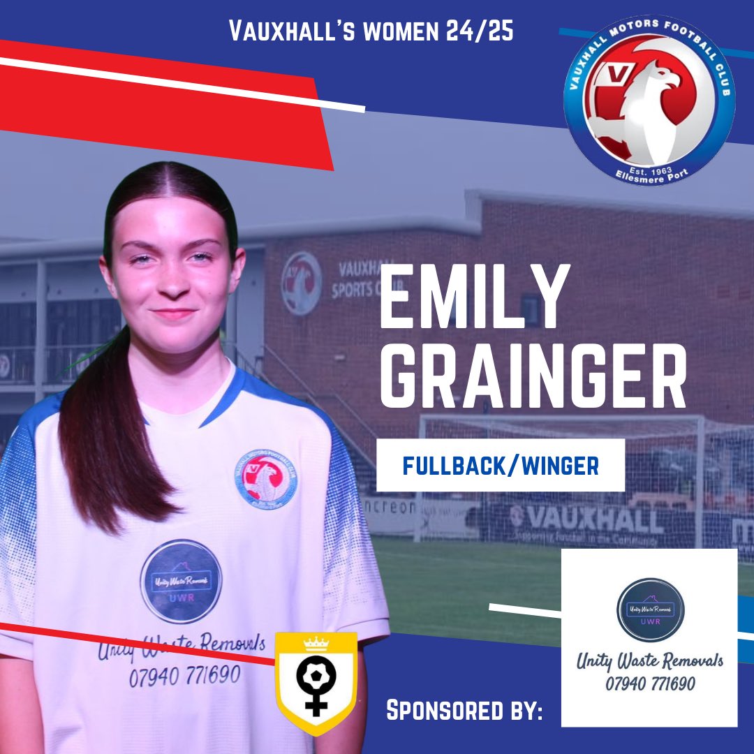 📣 Player Sponsorship Announcement 📣

We’re thrilled to announce that Emily Grainger– our fullback/winger for Vauxhall Motors Women’s 24/25 season – is proudly sponsored by Unity Waste Removals! A huge thank you for supporting Emily and helping us invest in women’s football. 🙏