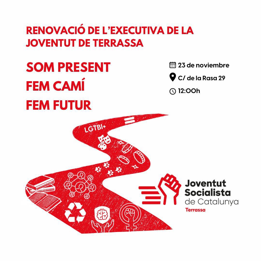 Demà us esperem a tret de sortida per a la renovació de l’executiva dels companyxs de la <a href="/jscterrassa/">JSC Terrassa /❤️</a>! ✊🏻

SOM PRESENT 🌹
FEM CAMÍ 🌹
FEM FUTUR 🌹