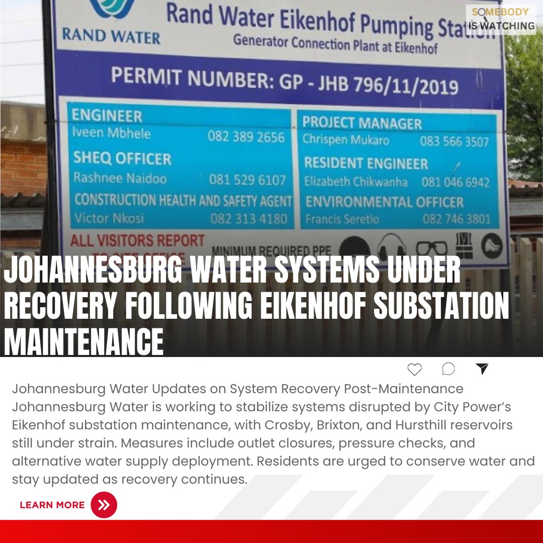 siwnews's tweet image. [READ] @JHBWater systems are recovering after Eikenhof substation maintenance caused disruptions. @GautengProvince #WaterUpdates #ServiceRecovery #siwnews
Full Article: siwnews.com/2024/11/22/joh…