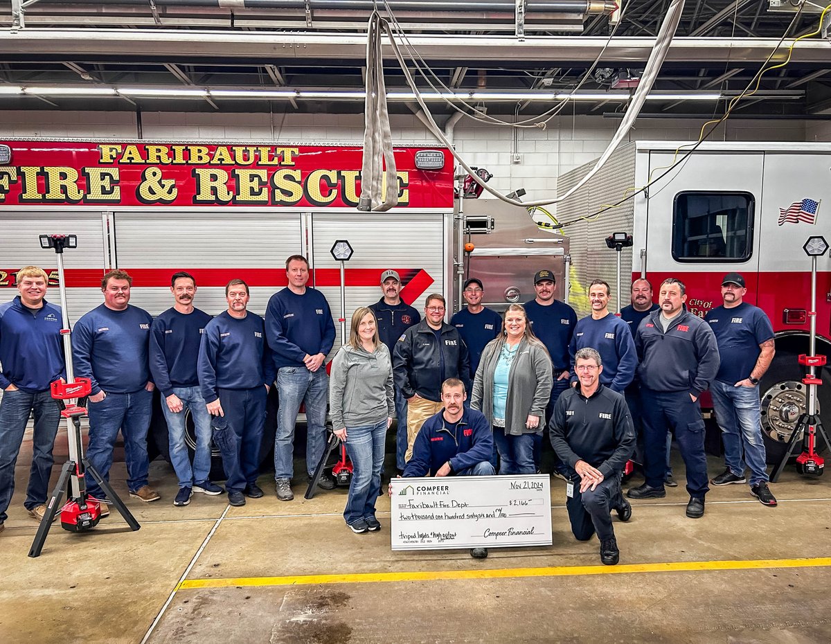 The Faribault Fire Department has been awarded an Emergency Response Equipment Collaboration Grant from <a href="/CompeerFinance/">Compeer Financial</a> for two sets of tripod lights and high output batteries.

Thank you, Compeer!!