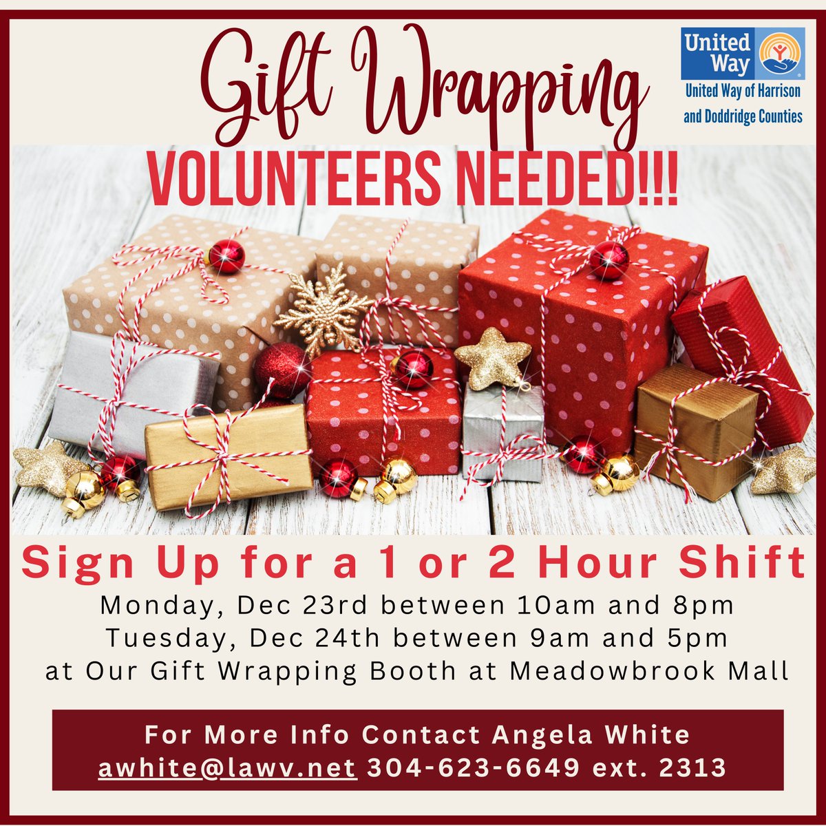 UnitedWayHDC's tweet image. 🎁 Calling All Holiday Helpers! 🎁

We&apos;re looking for enthusiastic volunteers to join us at our gift-wrapping booth at Meadowbrook Mall. Whether you&apos;re a wrapping pro or just love the festive spirit, we welcome everyone!

 Let&apos;s make this holiday season magical together! ✨
