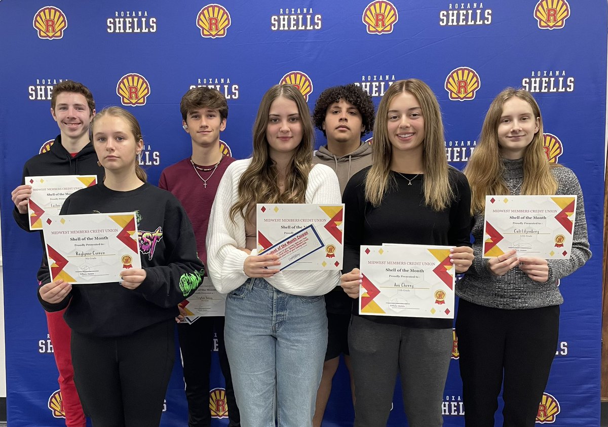 Congratulations to our <a href="/RHS_Shells/">Roxana High School</a> - Shells of the Month! Today we recognized our amazing students for October AND November 
#GoShells #AboveTheLine 
Thank you to Midwest Members Credit Union for their partnership &amp; support of our school &amp; students